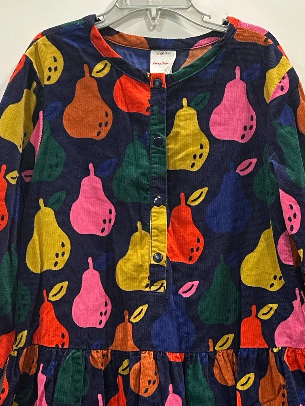 Hanna Andersson Corduroy Dress Long Sleeve Navy Colorful Pear Print Size 120 6/7